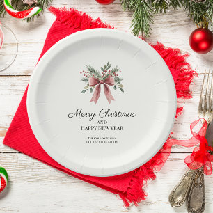 Assiettes En Carton Simple Nœud de Ruban Rouge Aquarelle Noël de Holly