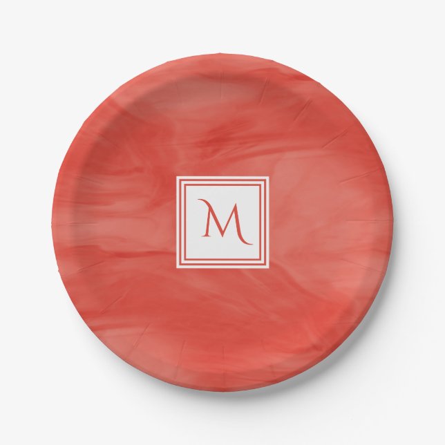 Assiettes En Carton Simple rouge orange subtil marbre moderne Monogram (Devant)