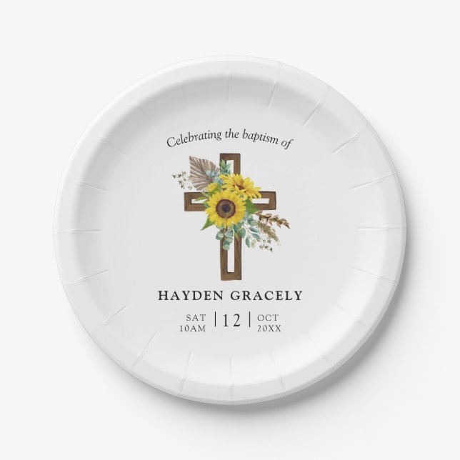 Assiettes En Carton Simple Rustic Sunflower Wooden Cross Baptism (Devant)
