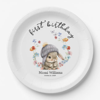 Assiettes En Carton Simple Watercolor Bunny First Birthday Paper Plate