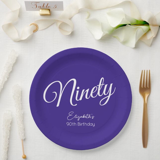 Assiettes En Carton Simply Modern Script Purple 90th Birthday Party (Mariage)