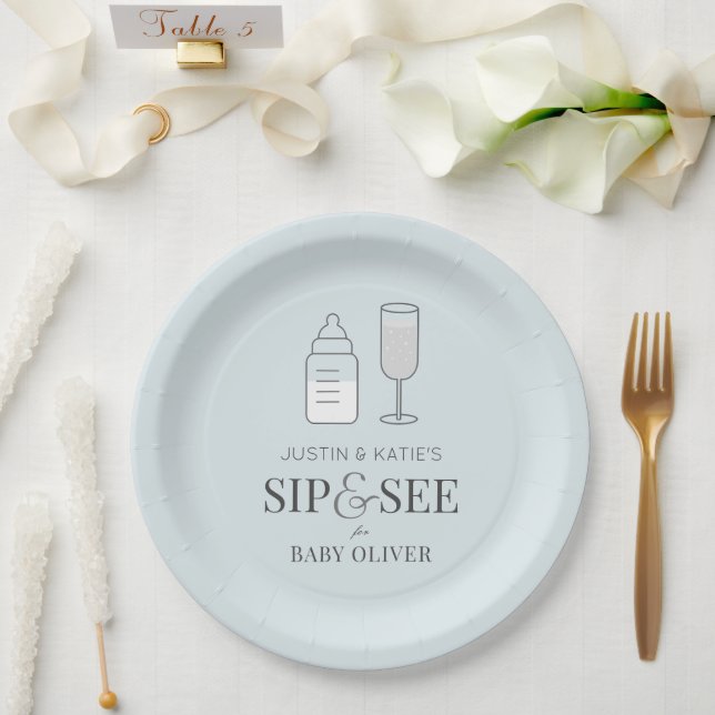 Assiettes En Carton Sip & Voir Champagne Bouteille Baby shower bleu (Mariage)