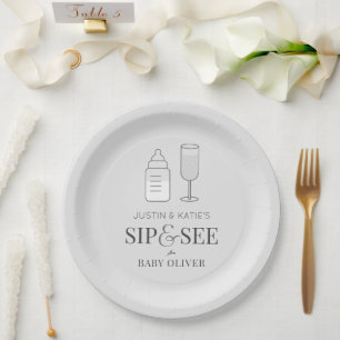 Assiettes En Carton Sip & Voir Champagne Bouteille Baby shower gris