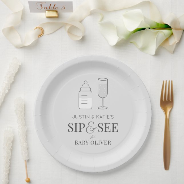 Assiettes En Carton Sip & Voir Champagne Bouteille Baby shower gris (Mariage)