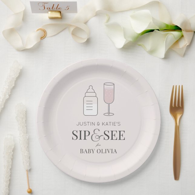 Assiettes En Carton Sip & Voir Champagne Bouteille Baby shower rose (Mariage)