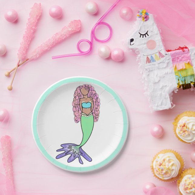 Assiettes En Carton sirène arc-en-ciel rose bleu pourpre vert noir bou (Fête)
