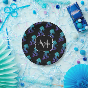 Assiettes En Carton Sirène ombre bleu aqua motif Paillettes monogramme
