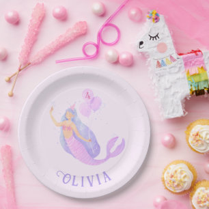 Assiettes En Carton Sirène sous la mer Anniversaire fille âge rose