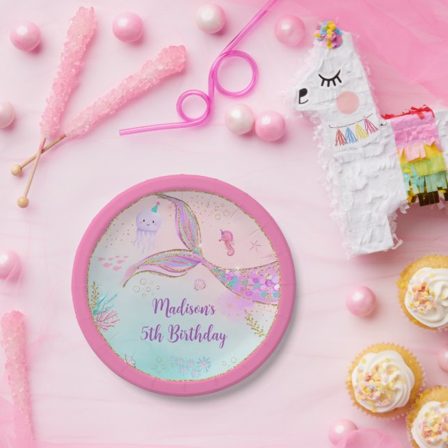 Assiettes En Carton Sirène sous la mer rose violet Anniversaire (Fête)