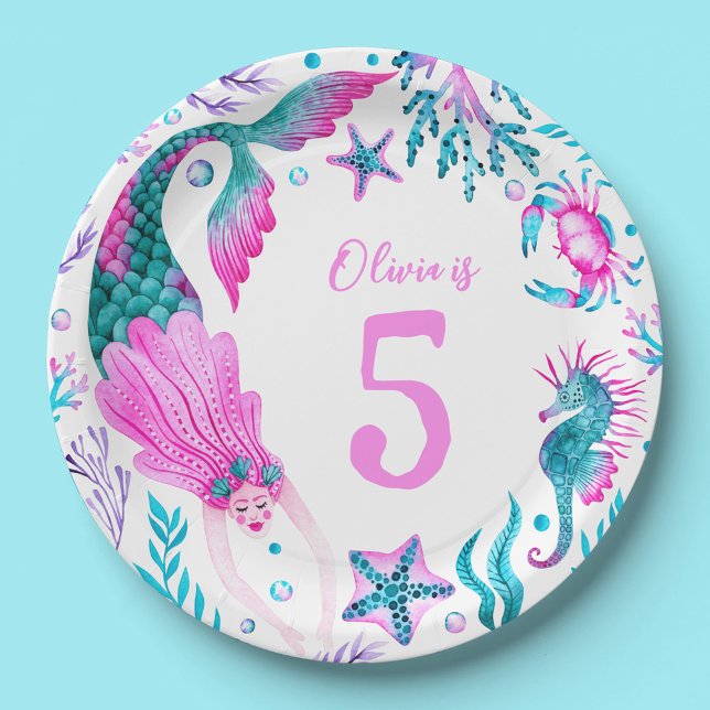 Assiettes En Carton Sirènes d'aquarelle, Coques de mer + Créatures océ (Watercolor Mermaids, Sea Shells + Ocean Creatures Paper Plates)