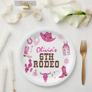 Assiettes En Carton Sixième Rodéo Rose Western Cowboy 6e anniversaire