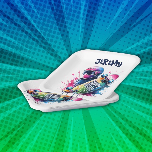 Assiettes En Carton Skateboard Patinage heureux Anniversaire Monogramm (Créateur téléchargé)