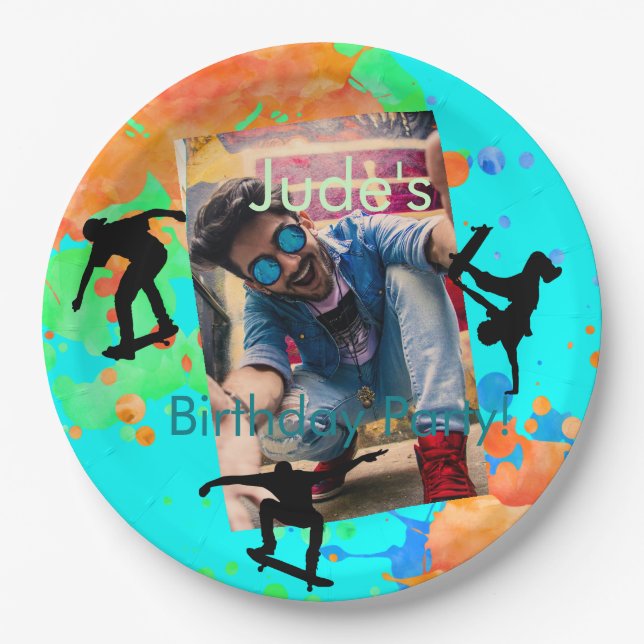 Assiettes En Carton Skateboard Photo Anniversaire, Plaques de papier d (Devant)