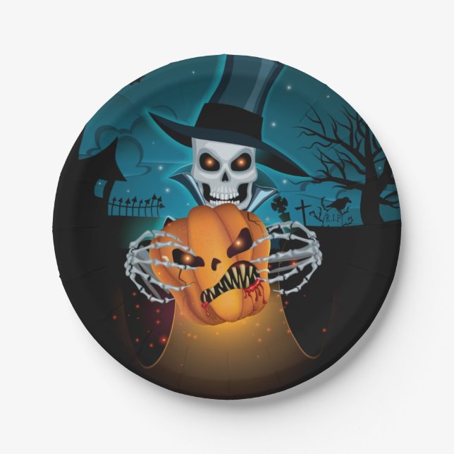 Assiettes En Carton Skeleton Éffrayant d'Halloween (Devant)