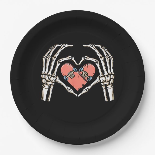 Assiettes En Carton Skeleton Hand Heart Skateboard Valentines Day Funn (Devant)