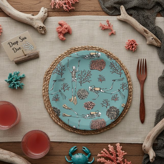 Assiettes En Carton Skeleton sous-marin Plongée Turquoise (Teal Skeleton Scuba Diver Paper Plates. Ocean Underwater Drawing with Divers Swimming Among Coral)