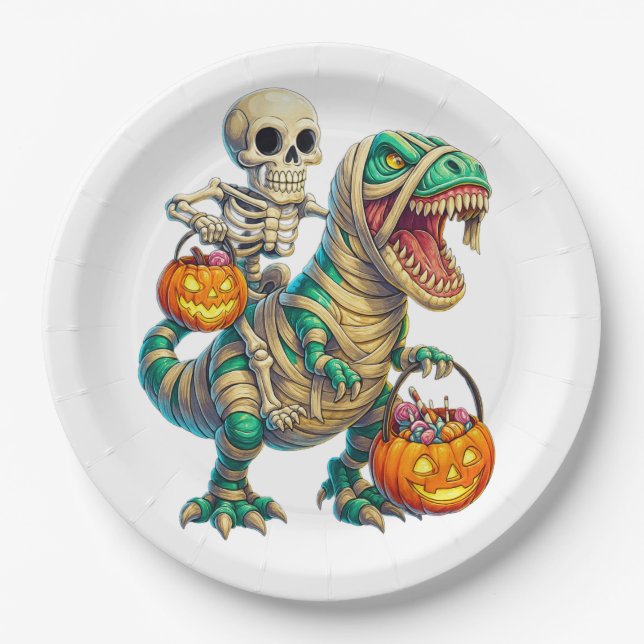 Assiettes En Carton Skeleton Whimsical équitation maman T-Rex Hallowee (Devant)