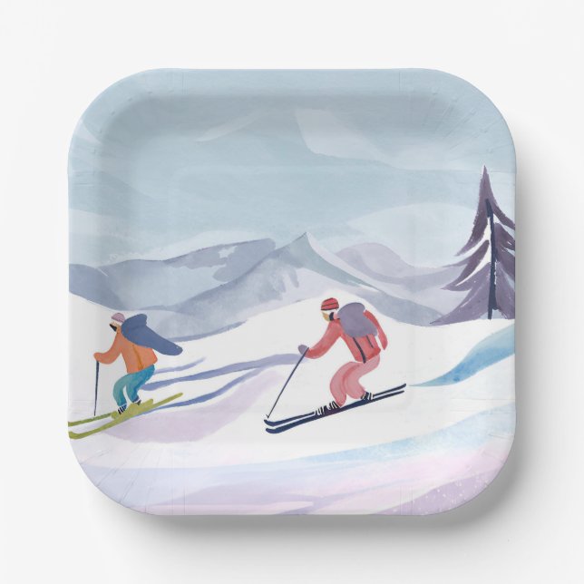 Assiettes En Carton Ski Day | Watercolor Winter Mountain (Recto)