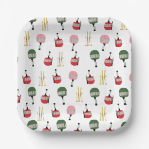 Assiettes En Carton Ski d'hiver Gondola retro blanc