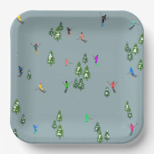 Assiettes En Carton Ski d'ouverture Noël Ski de vacances Skieurs Bleu