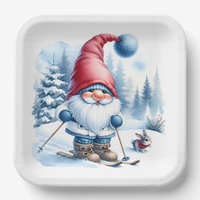 Assiettes En Carton Ski Gnome d'hiver avec un lapin (Recto)