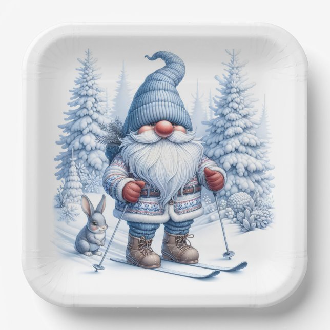 Assiettes En Carton Ski Gnome d'hiver avec un lapin (Recto)