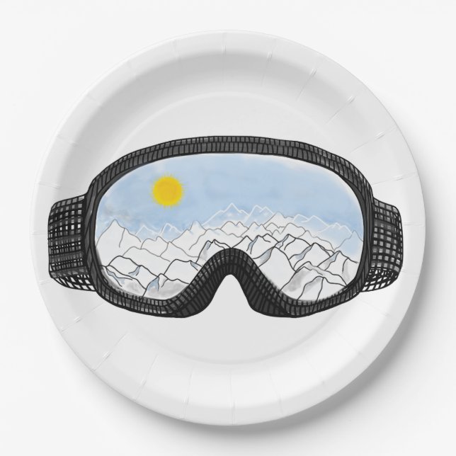 Assiettes En Carton Ski Goggles Mountain View Illustration (Devant)