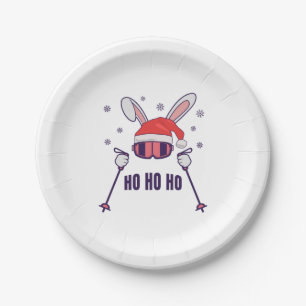 Assiettes En Carton Ski Père Noël Rabbit avec Santa Hat et bâtons de s