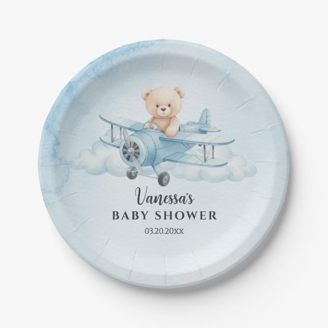 Assiettes En Carton Sky Adventure Cute Teddy Bear Baby shower pilote (Devant)