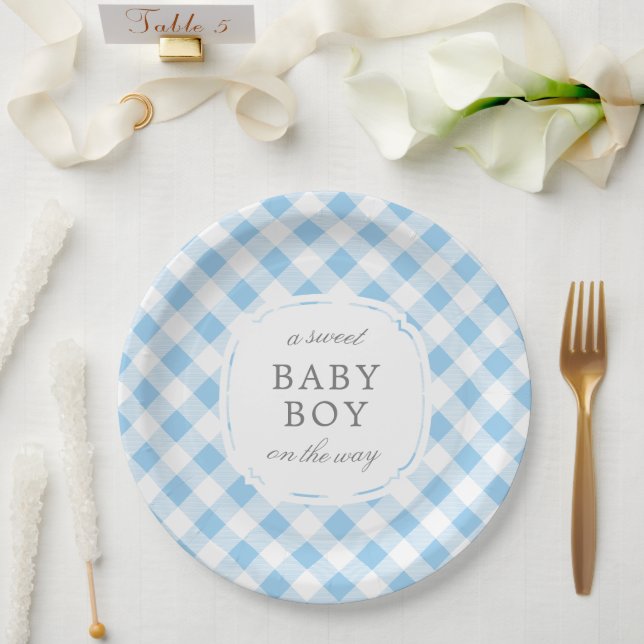 Assiettes En Carton Sky Blue En vichy Plaid Sweet Baby Boy (Mariage)