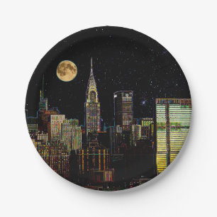 Assiettes En Carton Skyline New York La Nuit Avec Pleine lune