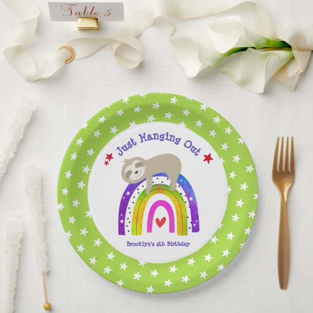 Assiettes En Carton Sloth Rainbow Birthday Green Kawaii Cute Boho (Mariage)