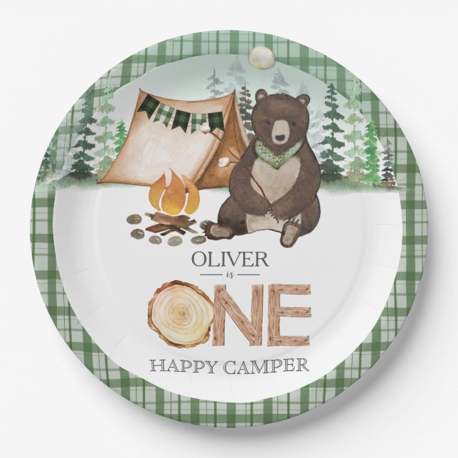 Assiettes En Carton S'more Camping Bear ONE Happy Camper 1er anniversa (Devant)