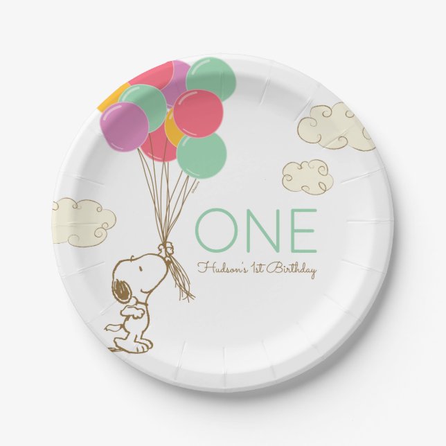 Assiettes En Carton Snoopy et ballons 1er anniversaire (Devant)