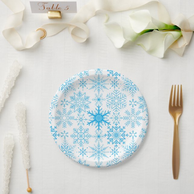 Assiettes En Carton Snowflake bleu motif (Mariage)