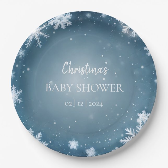 Assiettes En Carton Snowflake Winter Wonderland Baby shower Bleu (Devant)