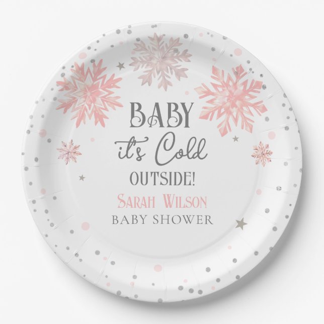 Assiettes En Carton Snowflakes Baby il fait froid dehors rose baby sho (Devant)