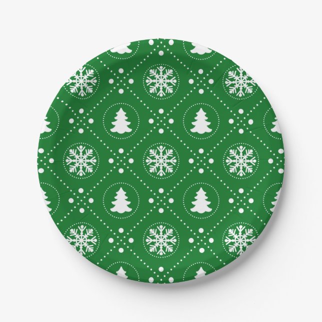 Assiettes En Carton Snowflakes blancs Arbres de Noël Design vert (Devant)