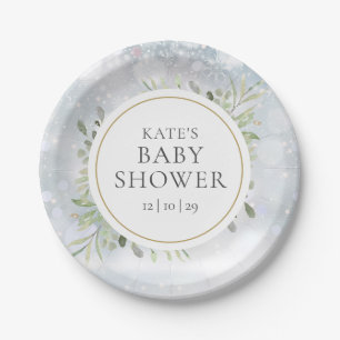 Assiettes En Carton Snowflakes d'hiver Baby shower verdoyant