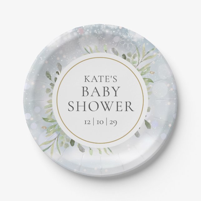 Assiettes En Carton Snowflakes d'hiver Baby shower verdoyant (Devant)