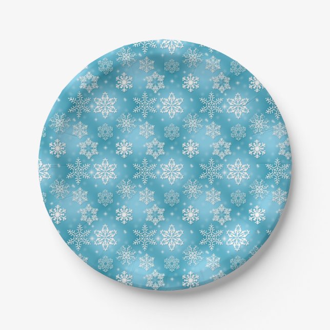 Assiettes En Carton Snowflakes d'hiver sur aqua (Devant)