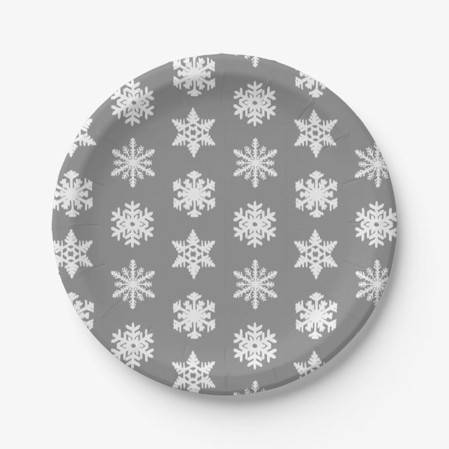 Assiettes En Carton Snowflakes Ikat - Gris de charbon et blanc (Devant)