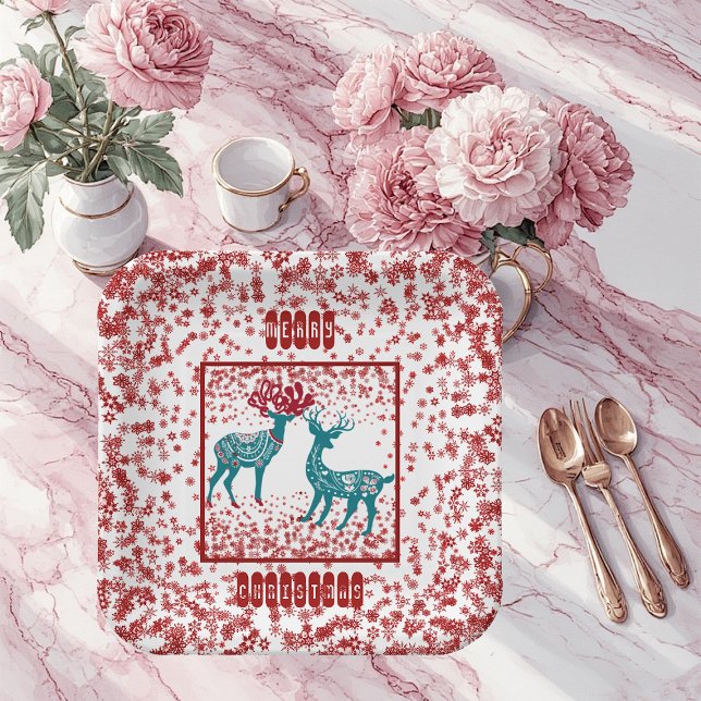 Assiettes En Carton Snowflakes Nordic Joyeux renne de Noël Scandia (Snowflakes Nordic Merry Christmas Reindeer Scandia Paper Plates)