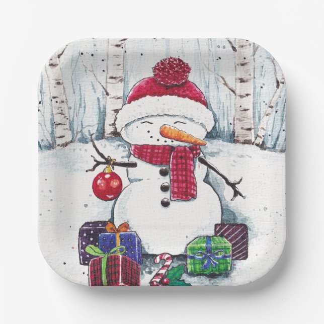 Assiettes En Carton Snowman Avec Cadeaux En Aquarelle Plaque Papier (Recto)