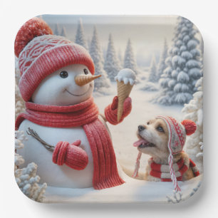 Assiettes En Carton Snowman avec Ice Cream Cône et Chien