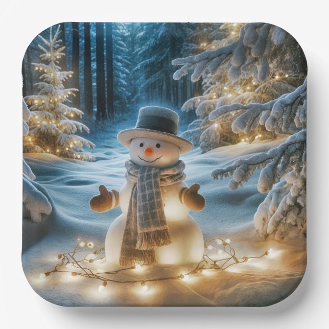 Assiettes En Carton Snowman Avec Lumières De Noël (Recto)
