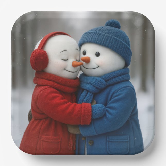 Assiettes En Carton Snowman Couple Hugging in Winter Forest (Recto)