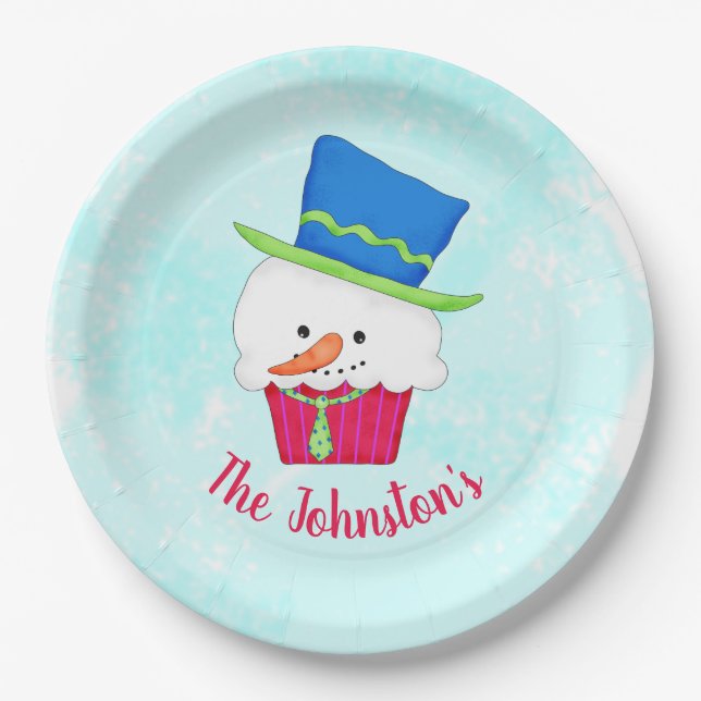 Assiettes En Carton Snowman Cupcake Name Personalized Dessert Party (Devant)