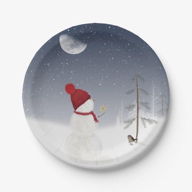Assiettes En Carton Snowman de vacances avec étoile d'or (Devant)