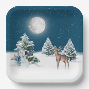 Assiettes En Carton Snowman de vacances et cerf dans les flocons de ne